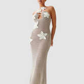 Beige Halter Neck Flower Crochet Dress